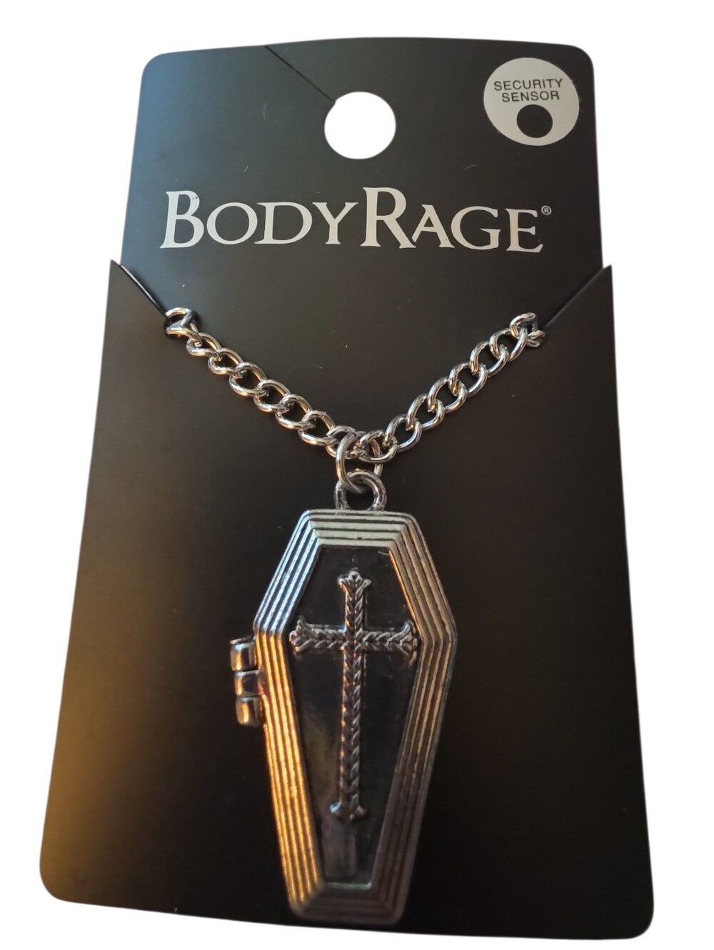 Body Rage Silver Coffin Locket Necklace with Cross